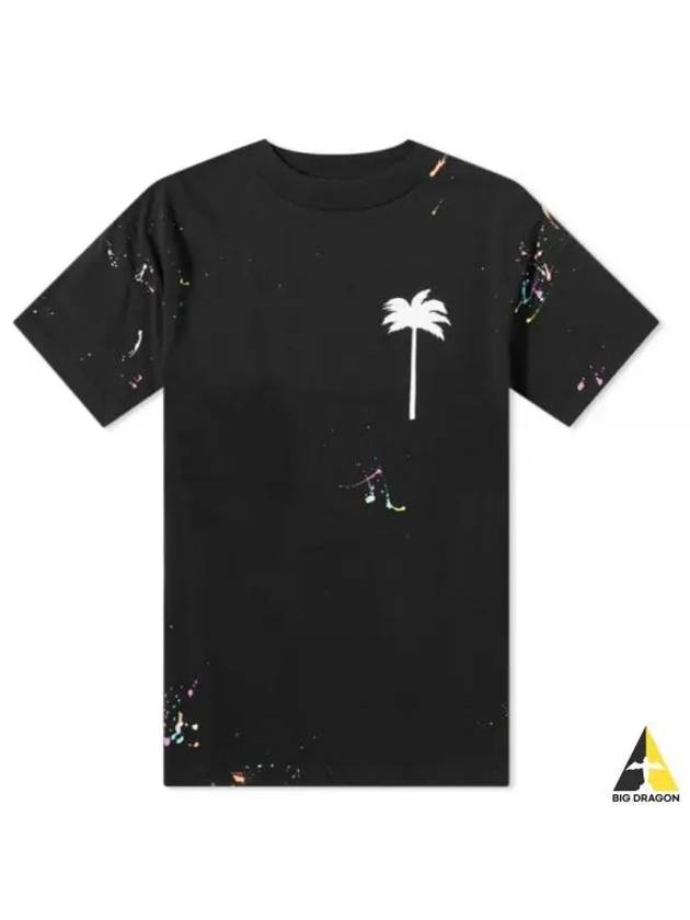 Palm Tree Painted Cotton Short Sleeve T-Shirt Black - PALM ANGELS - BALAAN 2