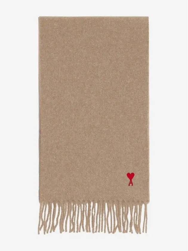 Small Heart Logo Classic Wool Fringe Scarf Beige - AMI - BALAAN 2