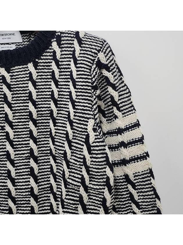 Bicolor Twist Cable 4 Bar Crew Neck Knit Top Navy - THOM BROWNE - BALAAN 6