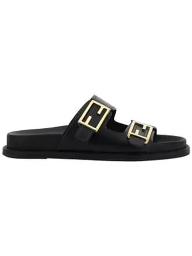 Women's FF Leather Fill Flat Sandals Slippers Black - FENDI - BALAAN 1