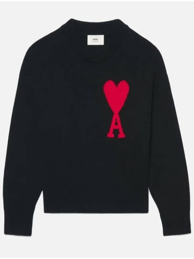 big heart embroidery round knit black - AMI - BALAAN.