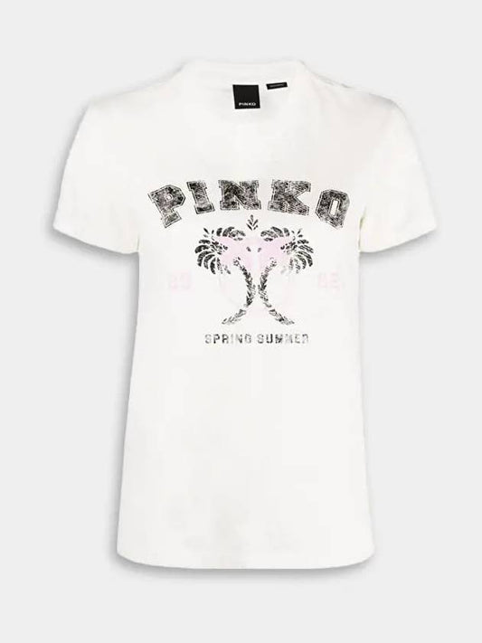 Tivoli Palm Tree Short Sleeve T Shirt White Women 1G178N Y6K7 Z14 - PINKO - BALAAN 2