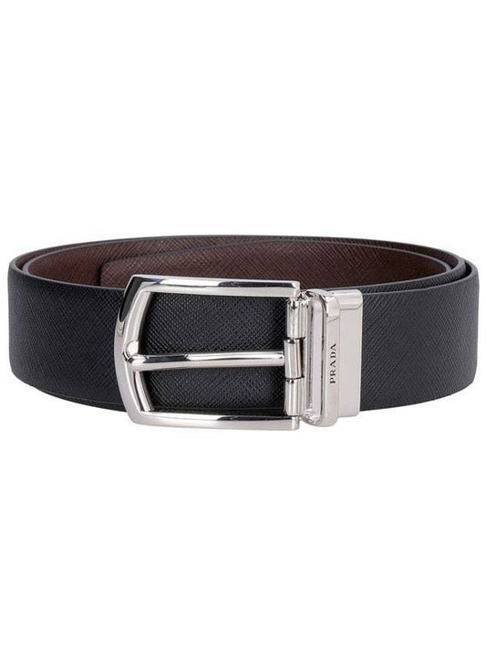 Reversible Saffiano Leather Belt Black Burnt Sienna - PRADA - BALAAN