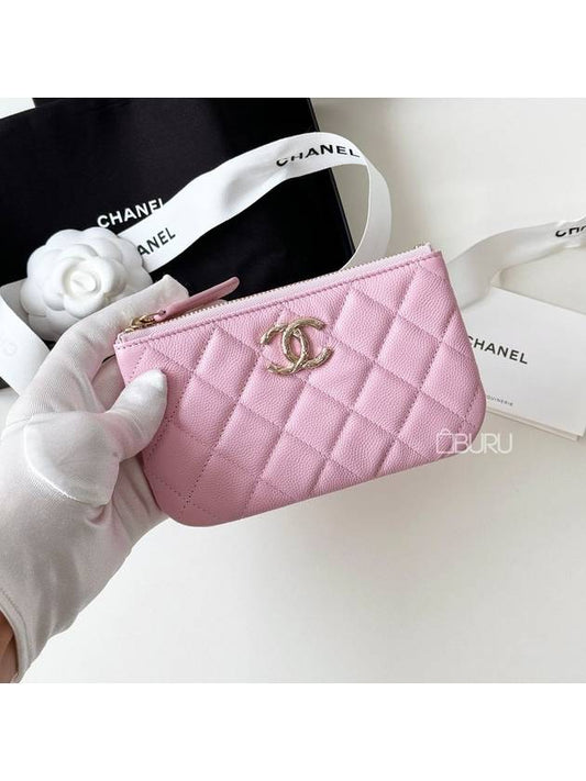 24SS Quilted CC Logo Mini Zipper Pouch Wallet Pink Caviar Gold Plated AP3980 - CHANEL - BALAAN 1