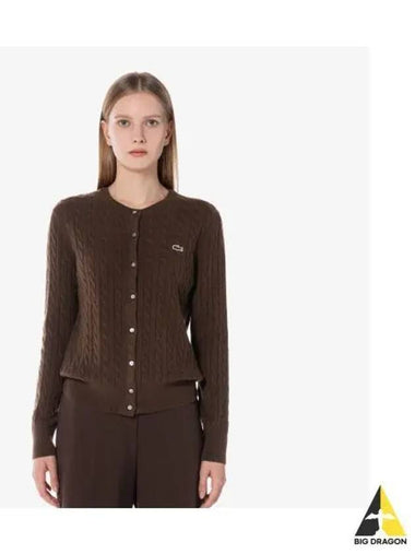 Women s Cable Crew Neck Cardigan Brown - LACOSTE - BALAAN 1