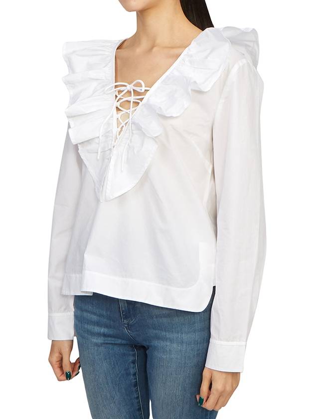 Cotton Poplin Ruffle V-Neck Blouse Bright White - GANNI - BALAAN 5