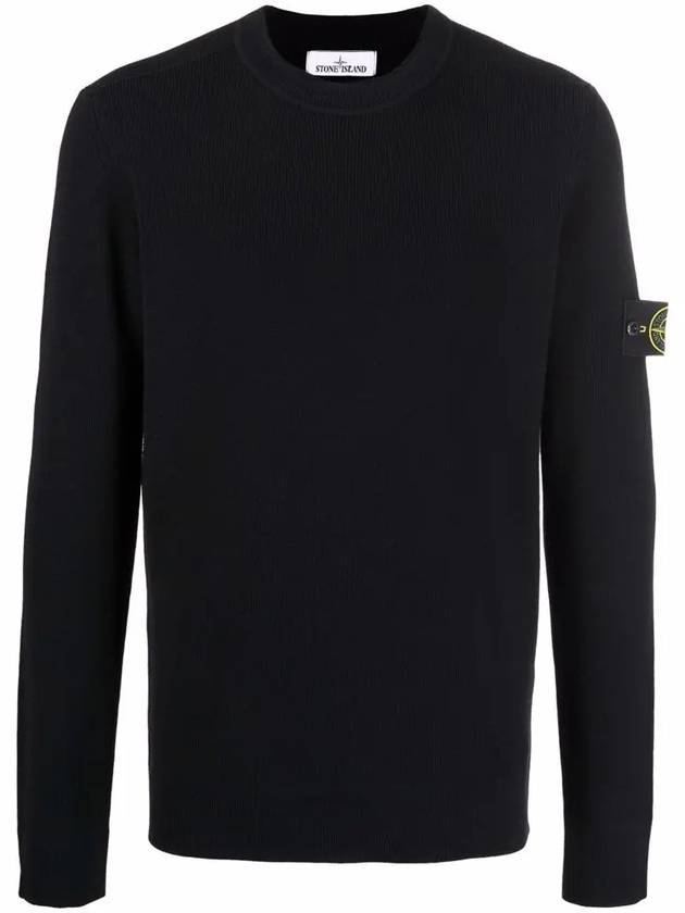 Wappen Patch Crew Neck Ribbed Wool Knit Top Black - STONE ISLAND - BALAAN 3