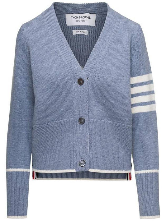 Women's Fine Merino Jersey Sailboat 4 Bar Boxy V Neck Cardigan Dark Blue - THOM BROWNE - BALAAN 1