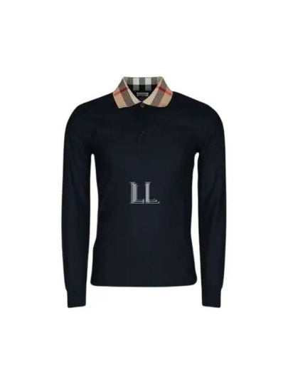 Check Collar Cotton Pique Long Sleeve Polo Shirt Smoke Navy - BURBERRY - BALAAN 2