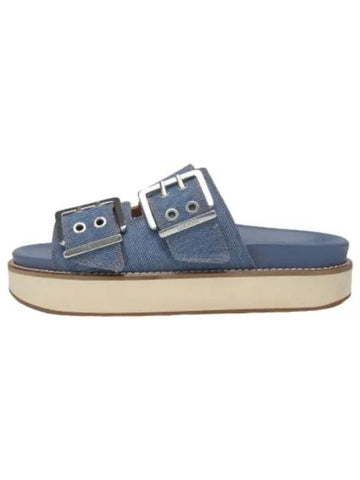 Denim Buckle Double Strap Platform Sandals Blue Slippers - GANNI - BALAAN 1