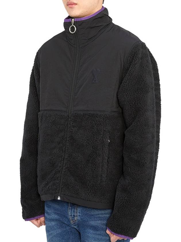 Logo Zip-up Shearling Jacket Black - AMI - BALAAN 4