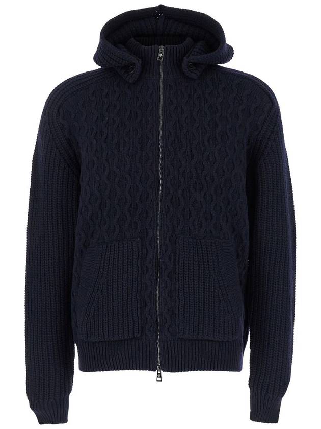 Blue Zip-Up Cardigan With Detachable Hood In Cable Knit Wool Man - TAGLIATORE - BALAAN 1