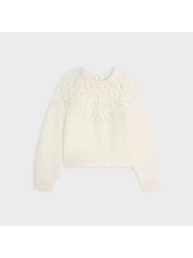 Triomphe Fair Isle Crew Neck Pointelle Alpaca Wool Knit Top Off White - CELINE - BALAAN 1