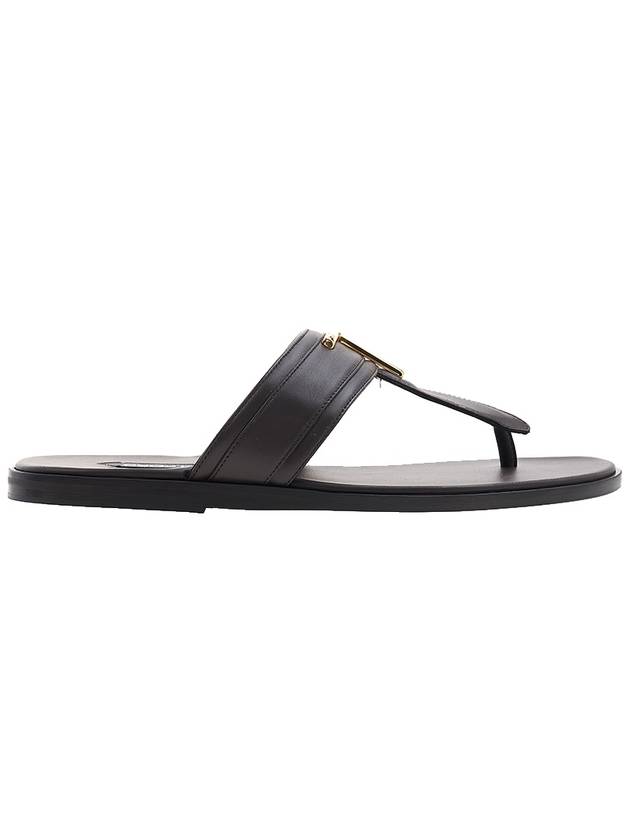 TF Logo Decorated Leather Flip Flops Brown - TOM FORD - BALAAN 3