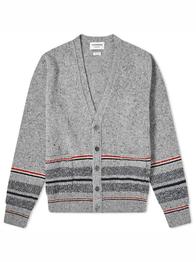 Seasonal Jacquard Striped V-neck Cardigan Light Grey - THOM BROWNE - BALAAN 2