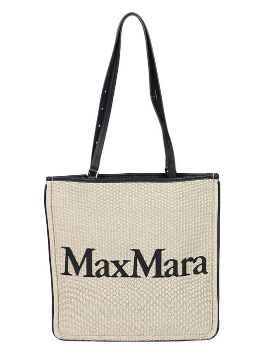 Embroidered Logo Raffia Tote Bag Beige Black - MAX MARA - BALAAN 2