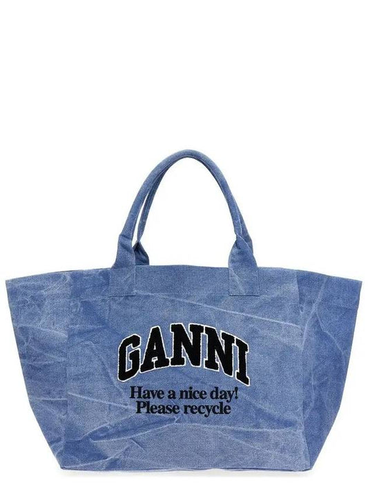 Embroidered Logo Oversized Canvas Tote Bag Blue - GANNI - BALAAN 2