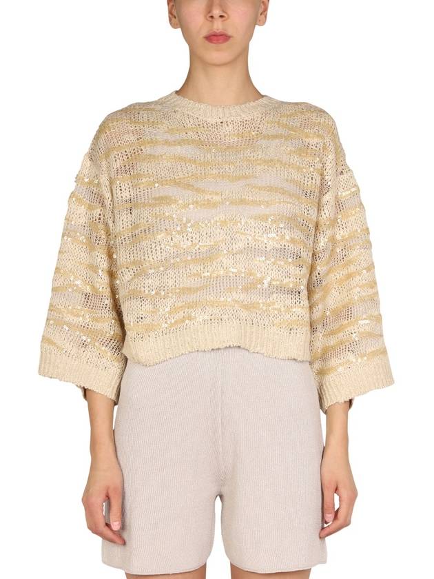 Sequin Mesh Crop Knit Top Beige - BRUNELLO CUCINELLI - BALAAN 2