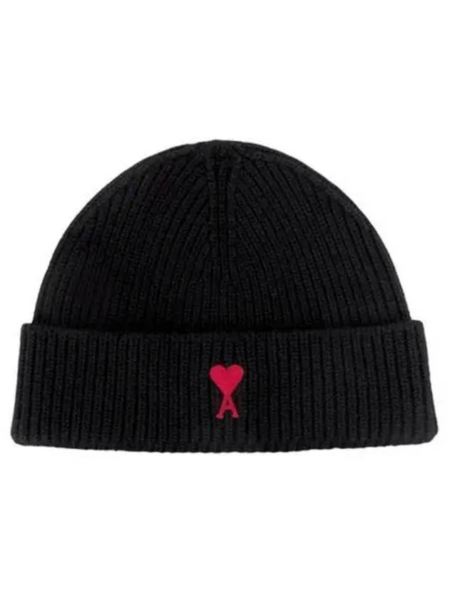 Heart logo embroidered wool beanie black hat 270665 - AMI - BALAAN 1