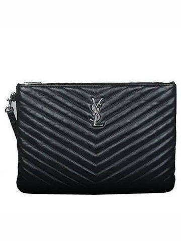 559193 YSL silver logo black leather mattrasse clutch bag - SAINT LAURENT - BALAAN 1