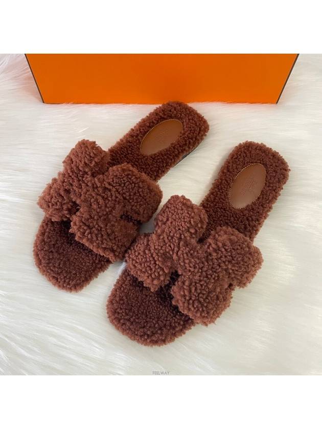 Fleece Oran Shearling Sandals Slippers Brown - HERMES - BALAAN 1