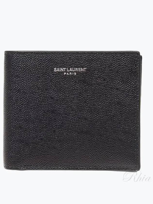 Classic Logo Textured Leather Half Wallet Black - SAINT LAURENT - BALAAN 2
