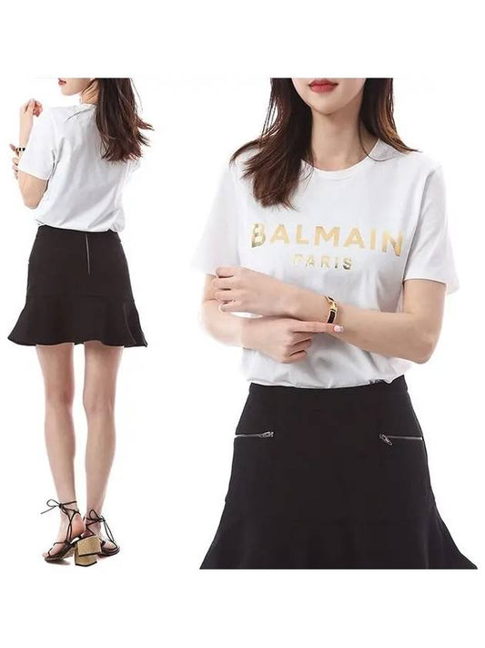 Gold logo print women's round t-shirt/WF1EF000 B097 GAD - BALMAIN - BALAAN 1