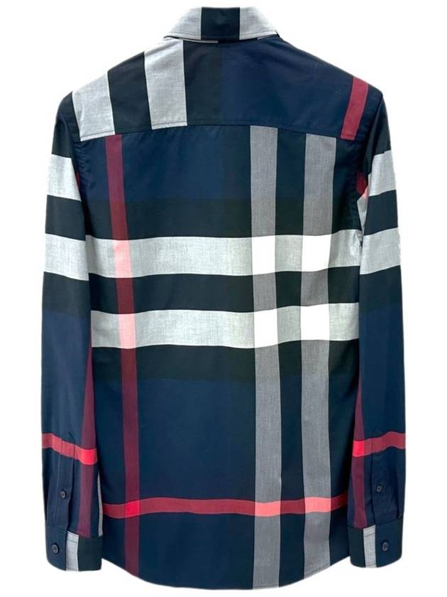 Men's Checked Stretch Cotton Poplin Long Sleeve Shirt Navy - BURBERRY - BALAAN.