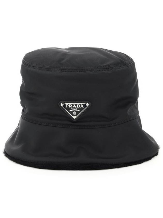 Re-Nylon Shearling Bucket Hat Black - PRADA - BALAAN 1