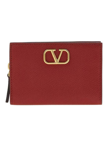 V Logo Signature Zipper Card Wallet Red - VALENTINO - BALAAN 1