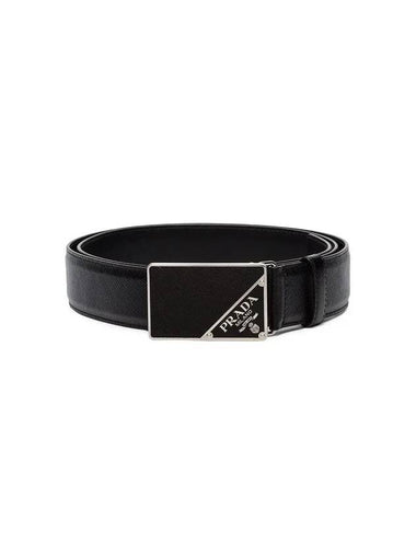 Men s triangle logo buckle saffiano belt black - PRADA - BALAAN 1