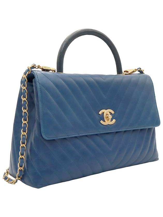 Blue Calfskin Chevron Gold Plated Flap Coco Handle Large 2WAY 25th A92992 - CHANEL - BALAAN 4