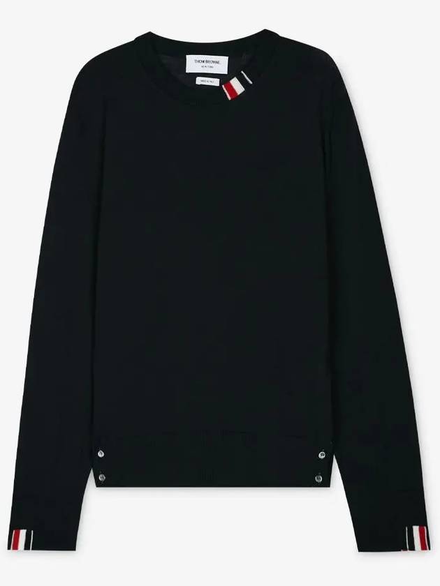 Intarsia Stitch Crew Neck Merino Wool Knit Top Navy - THOM BROWNE - BALAAN 3