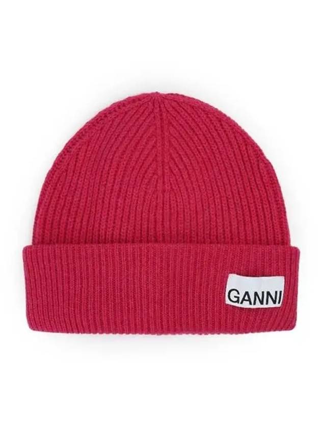 Logo Tag Knit Beanie Pink - GANNI - BALAAN 2