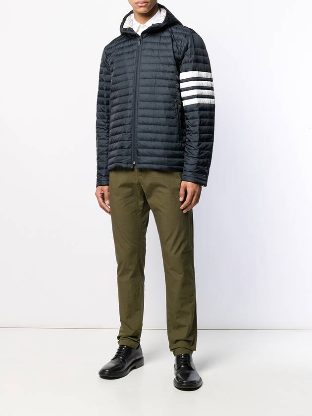 Matte Nylon 4-Bar Stripe Downfill Quilted Hoodie Padding Navy - THOM BROWNE - BALAAN.