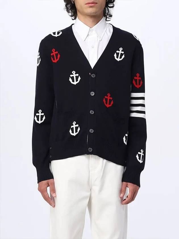 Anchor Intarsia 4-Bar V-Neck Cardigan Navy - THOM BROWNE - BALAAN 5