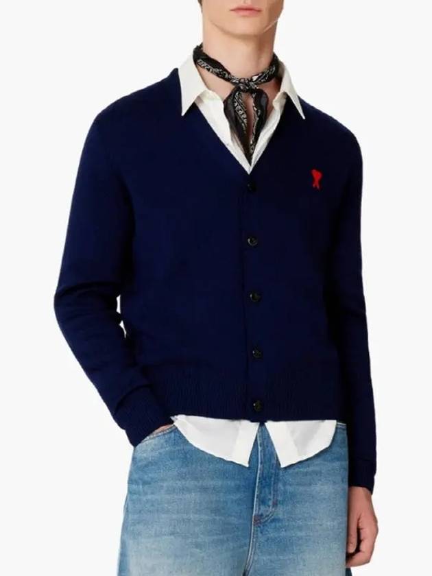 Small Heart Logo Wool Cardigan Navy - AMI - BALAAN 2