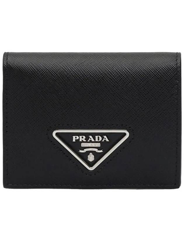 Triangle Logo Saffiano Leather Half Wallet Black - PRADA - BALAAN 3