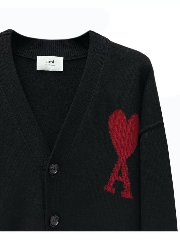 Heart Logo V Neck Wool Cardigan Black - AMI - BALAAN 4