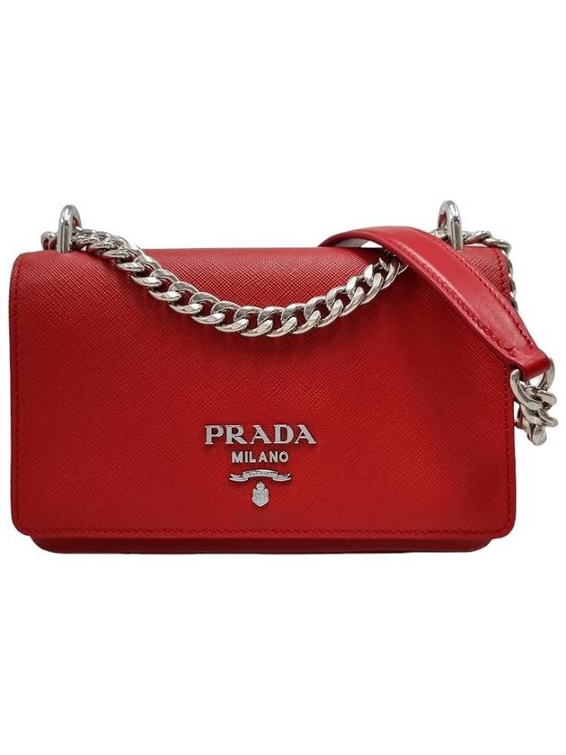 Women s 1BD144 Saffiano Leather Silver Chain Flap Mini Cross Bag - PRADA - BALAAN 1