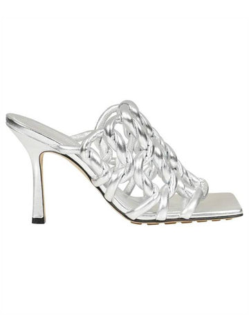 Women's Metallic Lambskin Twist Sandals Heel Silver - BOTTEGA VENETA - BALAAN 1