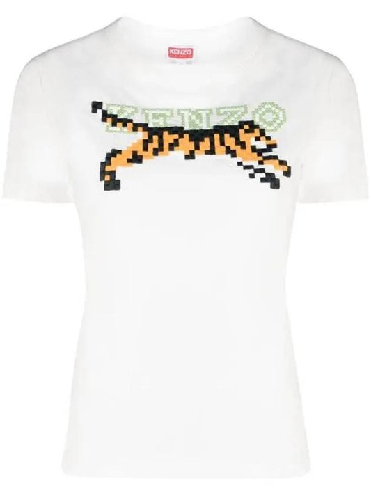 Women's Tiger Pixel Logo T-Shirt White - KENZO - BALAAN 1