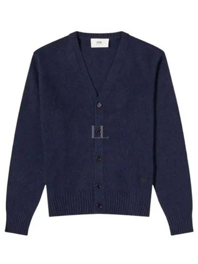 Heart Logo V Neck Cashmere Cardigan Navy - AMI - BALAAN 2