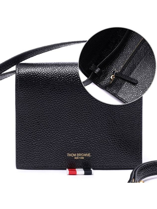 Pebble Calfskin Leather Card Holder With Strap Black - THOM BROWNE - BALAAN 2