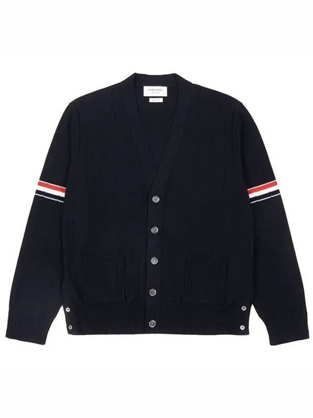 RWB V-neck Striped Virgin Wool Cardigan Navy - THOM BROWNE - BALAAN 2