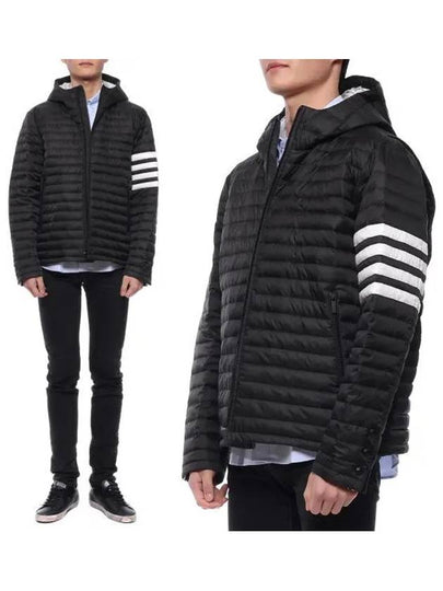 Matte Nylon 4-Bar Stripe Downfill Quilted Hoodie Padding Black - THOM BROWNE - BALAAN 2