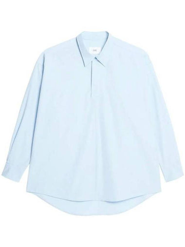 Curved Hem Oversized Fit Long Sleeve Shirt Blue - AMI - BALAAN 1