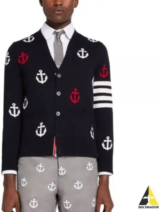 Anchor Intarsia 4-Bar V-Neck Cardigan Navy - THOM BROWNE - BALAAN 2