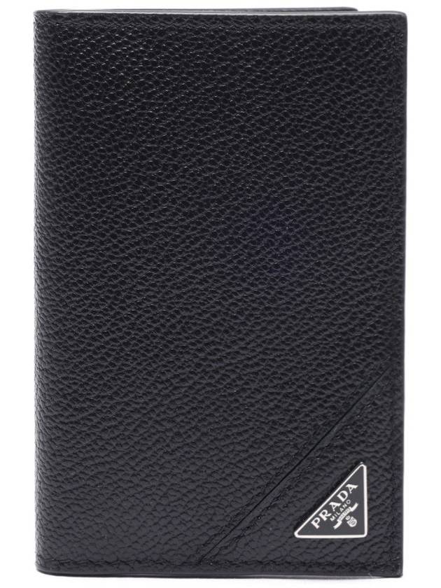 Vitello Triangle Logo Saffiano Flap Card Wallet Black - PRADA - BALAAN 1