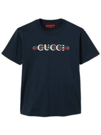 Web Print Cotton Short Sleeve T-Shirt Navy - GUCCI - BALAAN 2